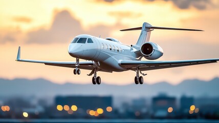 Mobility Global travel, A sleek private jet landing gracefully at sunset, showcasing its elegance against a vibrant sky and city lights.