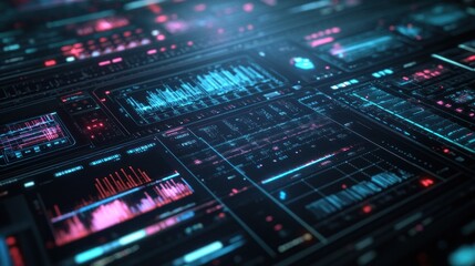 Futuristic digital interface with glowing graphs and data. (1)