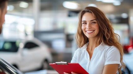 A joyful woman with clipboard assisting a customer in a bright car dealership, representing customer satisfaction and professional assistance in a cheerful environment.