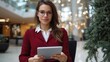 © Pinklife - A professional woman in a red suit and glasses is focused on reading a tablet while sitting in an elegant, contemporary interior space with stylish decor elements.