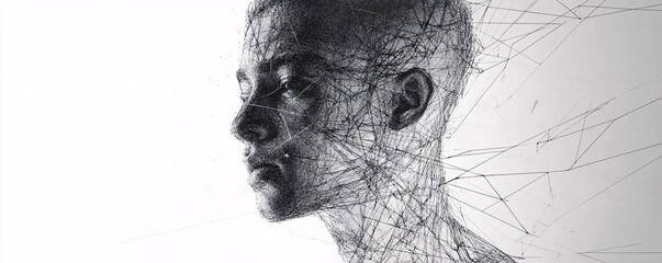 Fototapete - Man connecting with digital network data flowing through head