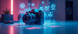 © Rick Captura - Cámara digital con proyecciones holográficas futuristas en un ambiente creativo, destacando tecnología avanzada y diseño innovador.