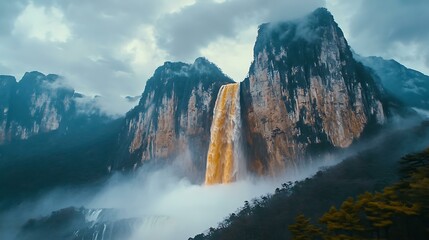 Wall Mural - Majestic Waterfall Cascading Down Mountainous Terrain