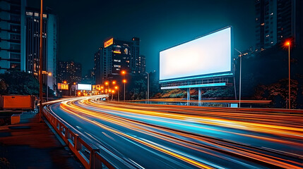 Wall Mural - A large, empty billboard stands beside a busy, illuminated road at night, surrounded by city lights and car streaks, evoking a sense of urban atmosphere.