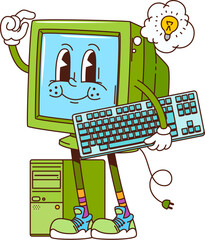 Poster - Retro groovy computer character. Cartoon vector pc personage with light bulb cloud over the monitor and keyboard in hands, capturing the nostalgic vibe of vintage electronics with its blue screen