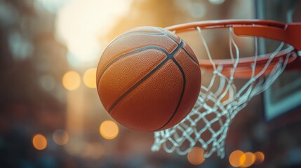 Wall Mural - Basketball swishing through net at sunset.