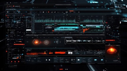 Futuristic digital dashboard interface with data visualization and analytics.