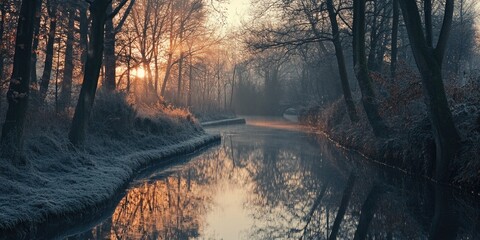 Wall Mural - river runs through snowy forest