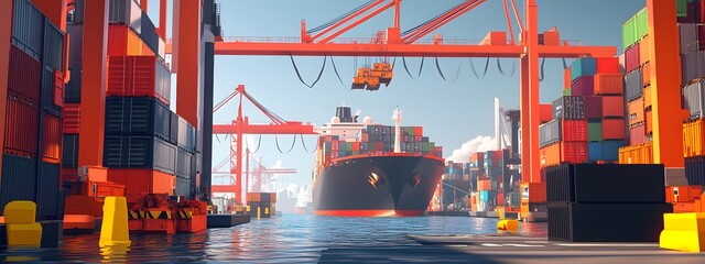 A large container ship is docked at the port, with containers stacked on both sides of it and an orange crane overhead