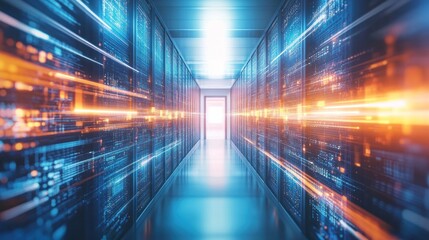 Fototapete - A futuristic data center corridor with glowing lights and server racks.