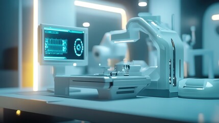 Fototapete - A futuristic medical workstation with advanced imaging equipment and a digital monitor.