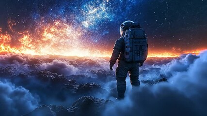 Wall Mural - astronaut gazes at cosmic horizon above cloud-covered landscape in breathtaking 4k detail