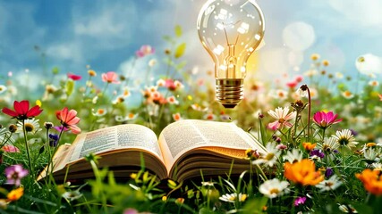 Wall Mural - illuminating ideas: open book in a flower meadow with glowing lightbulb