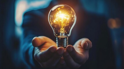 Aufkleber - A hand holds a glowing light bulb, symbolizing ideas and innovation.