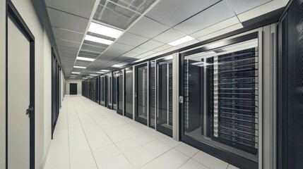 Fototapete - A modern data center hallway lined with server racks for technology infrastructure.