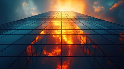 Wall Mural - Skyscraper reflecting fiery sunset, low angle view.