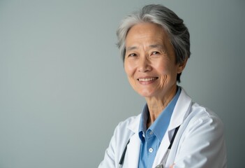 Smiling senior woman doctor in a white lab coat.