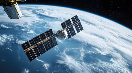 Wall Mural - A detailed satellite or space station orbits above Earth, showcasing solar panels against a backdrop of blue oceans and clouds.