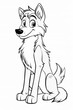© Sunny - Black and white drawing of cartoon wolf sitting and smiling, line art illustration, perfect for children coloring books or animal-themed projects