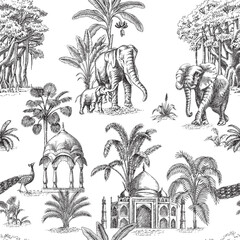 Wall Mural - Indian toile jungle seamless pattern. Tropical palm tree, plants, architecture, elephants animals wallpaper.