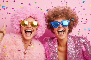 Wall Mural - Two joyful women in vibrant party attire with colorful confetti celebrating together against a pink backdrop, showcasing friendship and fun vibes