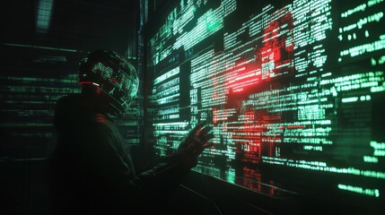 Hacker working on a large screen filled with green and red code.