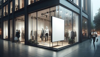 Sleek Storefront Window Display with Blank Rectangular Poster for Advertising and Branding Concepts