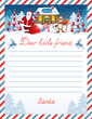 © Marisha - Layout letter from Santa Claus with inscription 'Dear little friend' and cartoon funny Santa and fawn deer with gift box against winter forest and house workshop background.