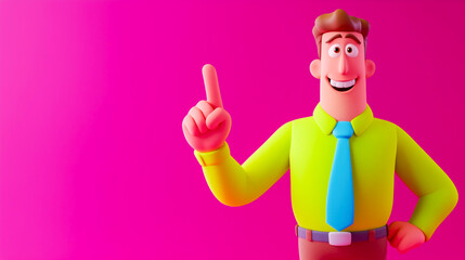 Wall Mural - Cheerful 3D male character in lime green shirt and blue tie pointing upwards on bright pink background. Concept of positive communication and creative advertising.