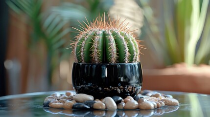 Wall Mural - Cactus Plant in Modern Pot Surrounded by Decorative Stones