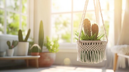 Wall Mural - Cozy Indoor Space with Hanging Planter and Green Cacti Plants