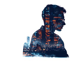 Poster - Silhouette of a Thoughtful Individual with Digital Data Overlay and Urban Skyline in the Background, Representing Technology and Innovation in a Modern World
