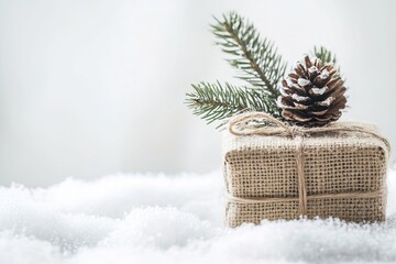 Wall Mural - close-up simple burlap christmas gift box wrapped with twine and a small pinecone placed on a white table with a soft texture with copy space