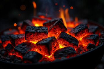 Wall Mural - burning wood coals with glowing and flaming hot charcoal briquettes, close-up orange, black, red tex