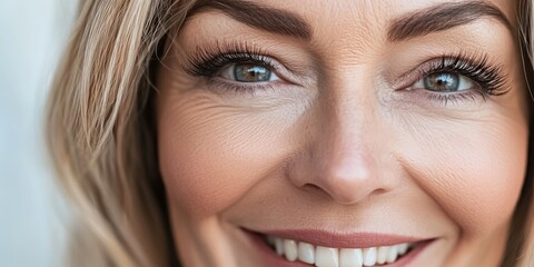 Wall Mural - Smiling woman with radiant expression and captivating eyes in natural light showcasing joy and confidence in a bright environment