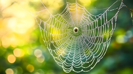 A close-up of a spider web in the forest, with blurred trees and bokeh effects creating a mysterious atmosphere