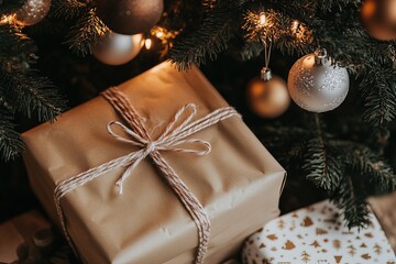 Photo of a Christmas gift box beautifully wrapped in craft paper under a decorated fir tree with balls