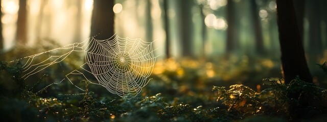 A close-up of a spider web in the forest, with blurred trees and bokeh effects creating a mysterious atmosphere