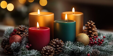 Wall Mural - Warm candle display featuring colorful candles with festive decorations and pinecones during the holiday season