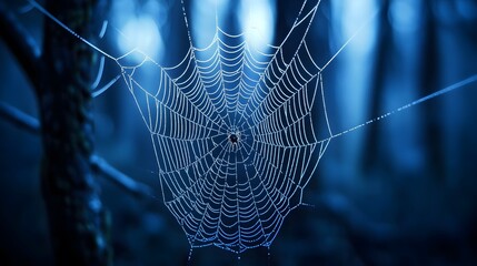A close-up of a spider web in the forest, with blurred trees and bokeh effects creating a mysterious atmosphere