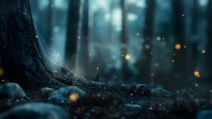 A close-up of a spider web in the forest, with blurred trees and bokeh effects creating a mysterious atmosphere