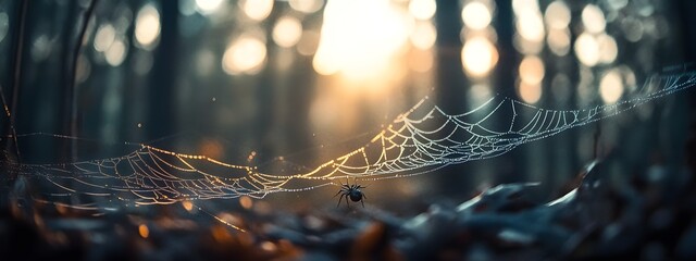 A close-up of a spider web in the forest, with blurred trees and bokeh effects creating a mysterious atmosphere