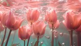 Pink tulips submerged underwater, creating a serene and dreamy atmosphere with bubbles floating around them.