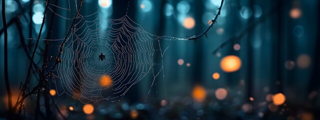 A close-up of a spider web in the forest, with blurred trees and bokeh effects creating a mysterious atmosphere