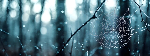 A close-up of a spider web in the forest, with blurred trees and bokeh effects creating a mysterious atmosphere