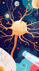 Wall Mural - neuron in cosmic canvas: a vibrant, abstract illustration depicts a single neuron, resembling a cosm