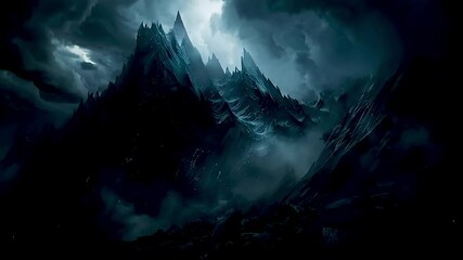 a dark mountain  with  a full moon  shining over it and  a cloudy sky