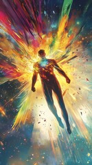 Wall Mural - cosmic ascension: a vibrant, dynamic illustration of a powerful figure ascending through a kaleidosc