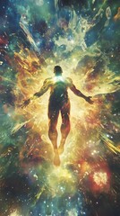 Wall Mural - cosmic ascension: a solitary figure bathed in celestial light, bathed in a kaleidoscope of swirling 