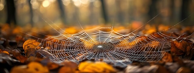 A close-up of a spider web in the forest, with blurred trees and bokeh effects creating a mysterious atmosphere
